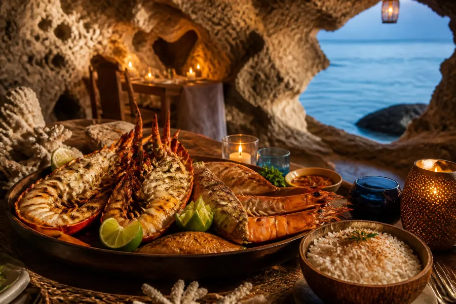 Seafood dinner in a Diani coral cave restaurant